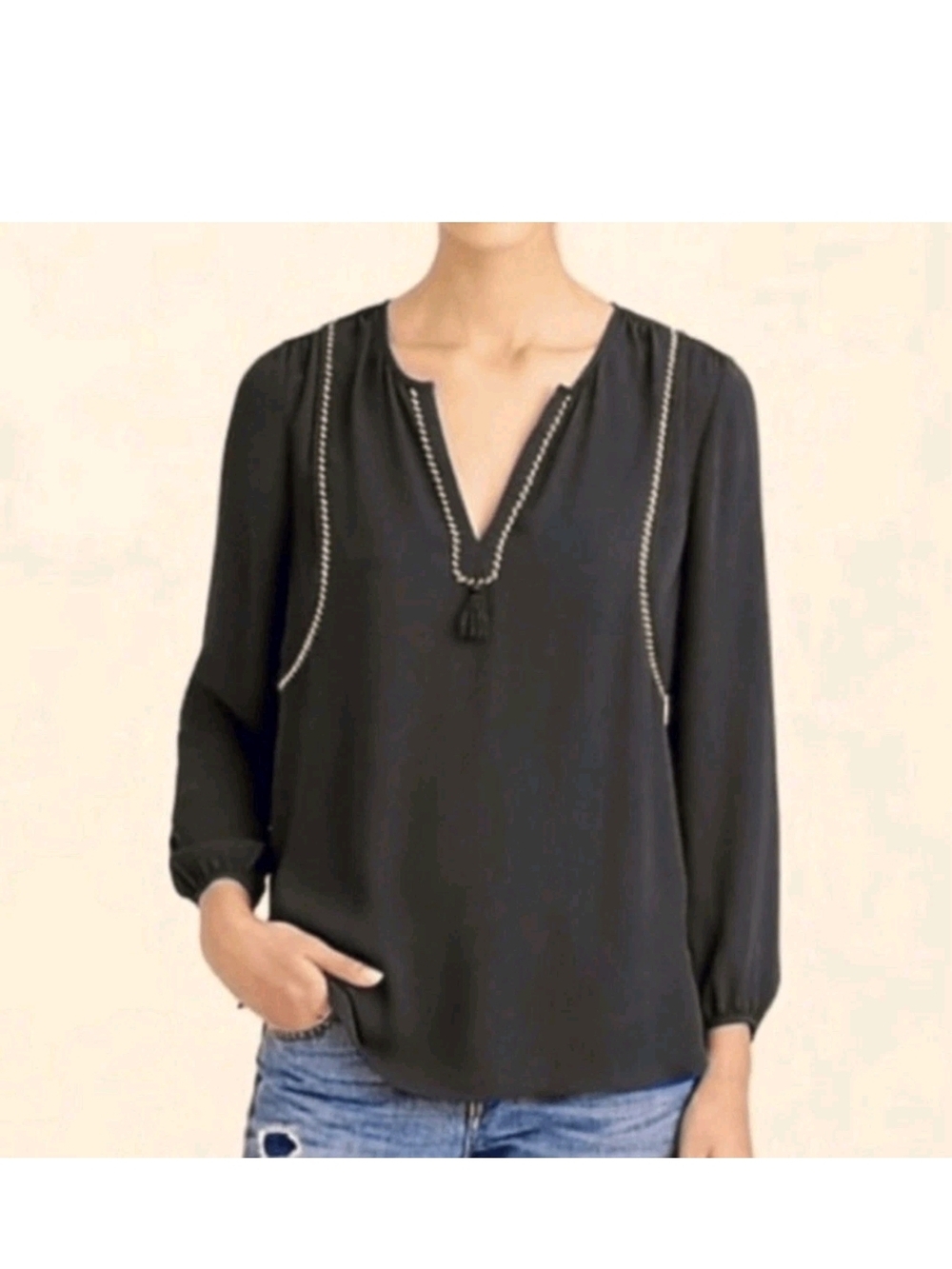 J. Crew V Neck Tassel Trim Blouse Black Size 10 Tall 3/4 Sleeve Preppy